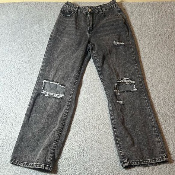 Shein Jeans Womens M Black Distressed‎ Straight Leg High Rise Wide Leg Jeans - Picture 1 of 8